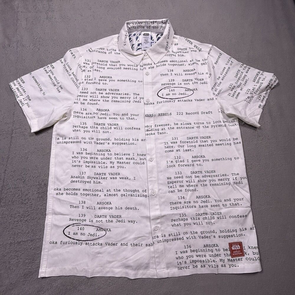 Star Wars Shirt Mens Large White Script Ahsoka I Am No Jedi Button Up Casual